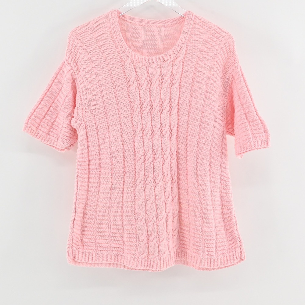 Vintage 70s Handmade Womens Pink Sweater Size L Cable Knit Short‎ Sleeve Crochet